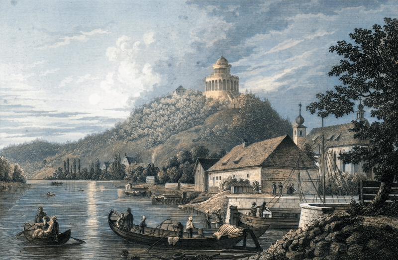 Kelheim yakınlarındaki Tuna Nehri'nden Ludwig Tuna Ana Kanalı'nın kolu, Alexander Marx tarafından çelik gravür (1845)